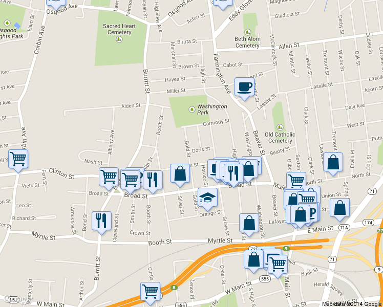 map of restaurants, bars, coffee shops, grocery stores, and more near 170 Gold Street in New Britain