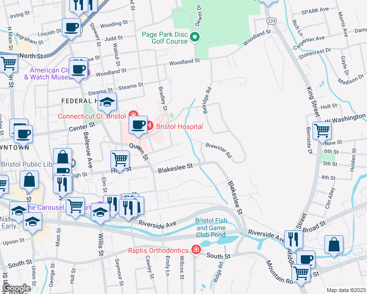 map of restaurants, bars, coffee shops, grocery stores, and more near 520 Brewster Road in Bristol