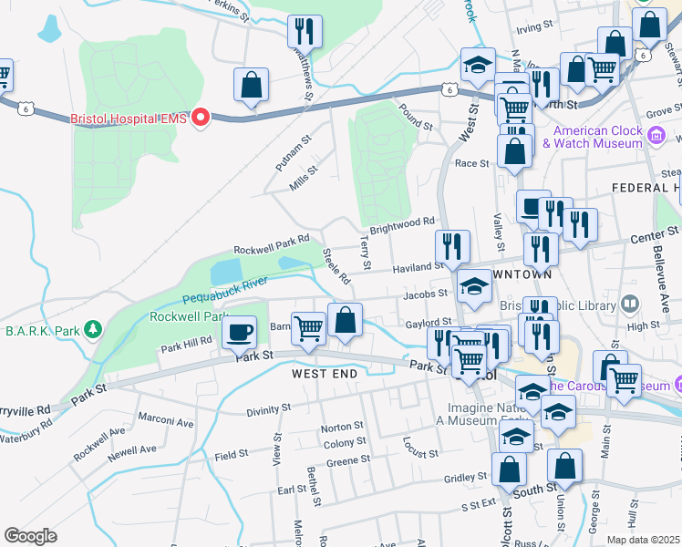 map of restaurants, bars, coffee shops, grocery stores, and more near 25 Winthrop Street in Bristol