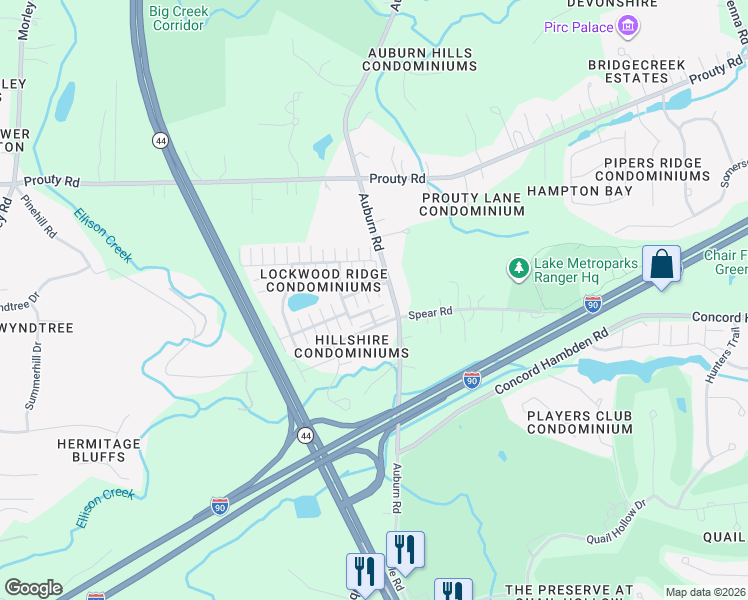 map of restaurants, bars, coffee shops, grocery stores, and more near 7161 Auburn Road in Painesville
