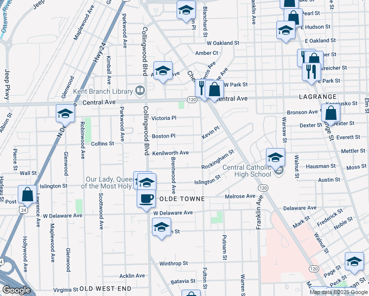 map of restaurants, bars, coffee shops, grocery stores, and more near 323 Boston Place in Toledo