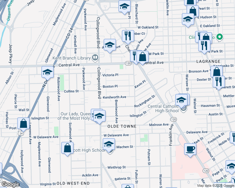 map of restaurants, bars, coffee shops, grocery stores, and more near 363 Boston Place in Toledo