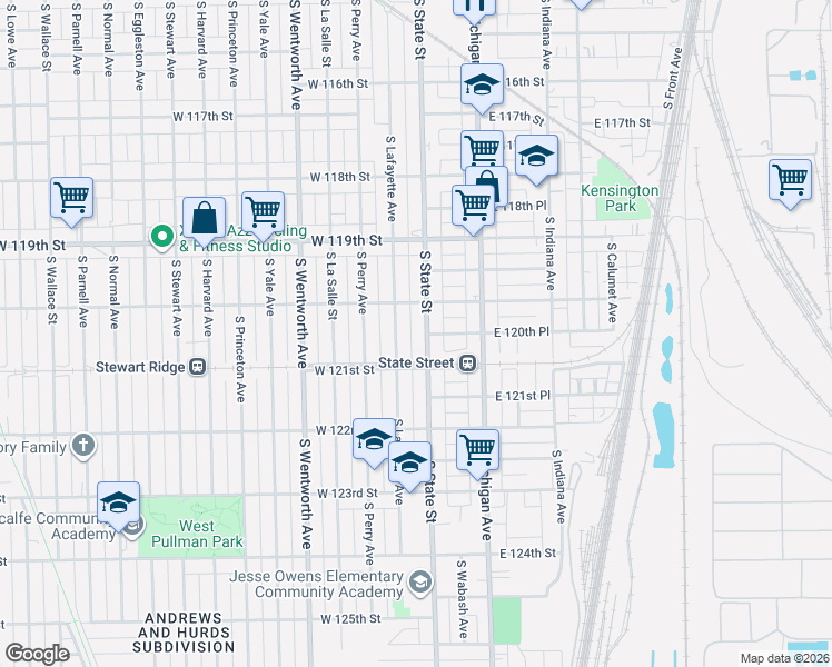 map of restaurants, bars, coffee shops, grocery stores, and more near 12005 South State Street in Chicago