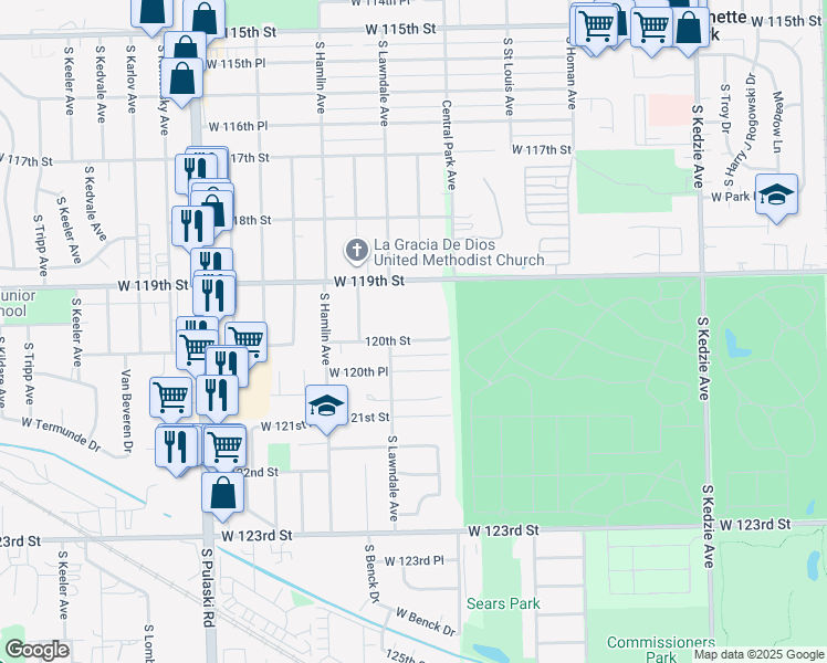 map of restaurants, bars, coffee shops, grocery stores, and more near 11941 South Millard Avenue in Alsip
