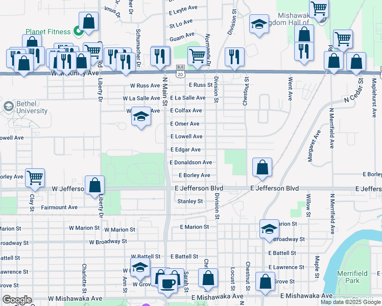 map of restaurants, bars, coffee shops, grocery stores, and more near 202 East Edgar Avenue in Mishawaka