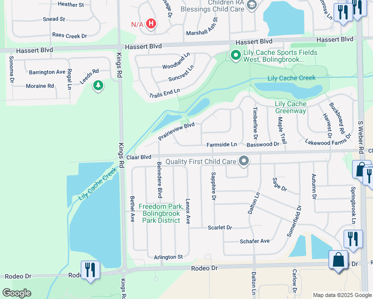 map of restaurants, bars, coffee shops, grocery stores, and more near 1620 Farmside Lane in Bolingbrook