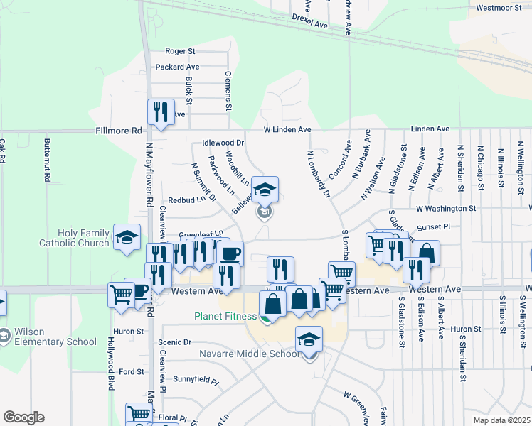map of restaurants, bars, coffee shops, grocery stores, and more near 4747 West Washington Street in South Bend