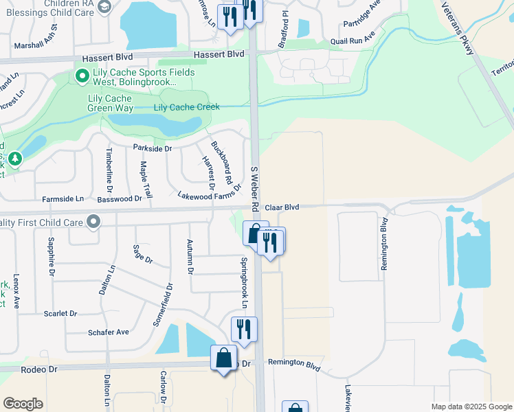 map of restaurants, bars, coffee shops, grocery stores, and more near South Weber Road & West 115th Street in Bolingbrook