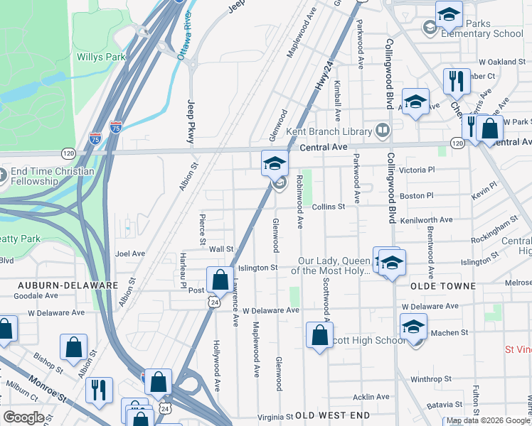 map of restaurants, bars, coffee shops, grocery stores, and more near 2853 North Detroit Avenue in Toledo