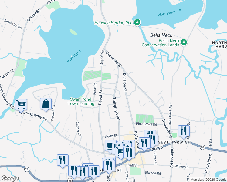 map of restaurants, bars, coffee shops, grocery stores, and more near 21 Gilbert Road in Dennis