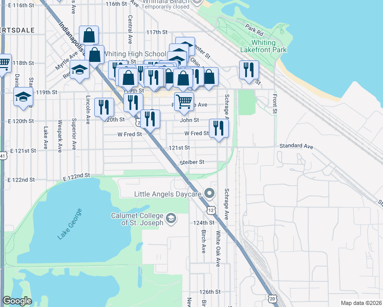 map of restaurants, bars, coffee shops, grocery stores, and more near 1441 121st Street in Whiting