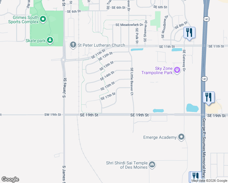 map of restaurants, bars, coffee shops, grocery stores, and more near 616 Southeast 15th Street in Grimes