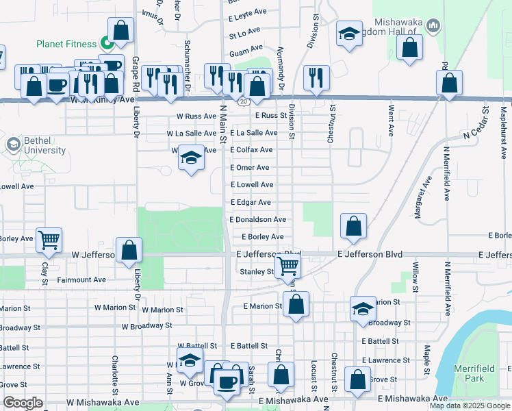 map of restaurants, bars, coffee shops, grocery stores, and more near 205 East Edgar Avenue in Mishawaka