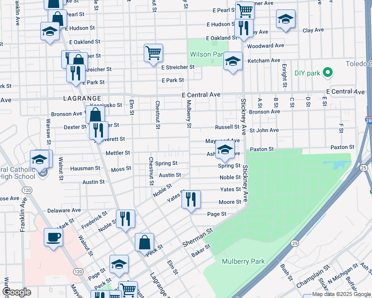map of restaurants, bars, coffee shops, grocery stores, and more near 550 Everett Street in Toledo