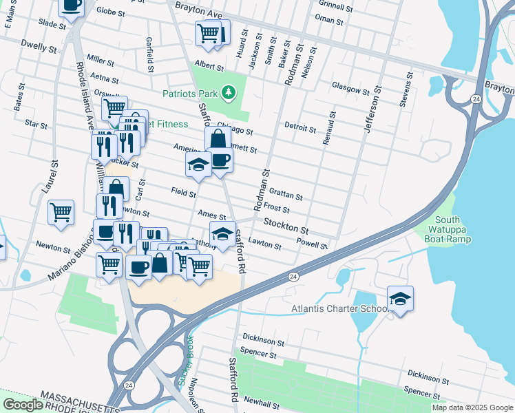 map of restaurants, bars, coffee shops, grocery stores, and more near 1977 Rodman Street in Fall River