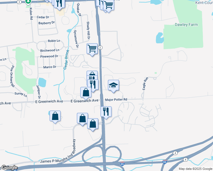 map of restaurants, bars, coffee shops, grocery stores, and more near 750 Quaker Lane in East Greenwich