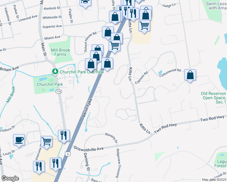map of restaurants, bars, coffee shops, grocery stores, and more near 2780 Berlin Turnpike in Newington