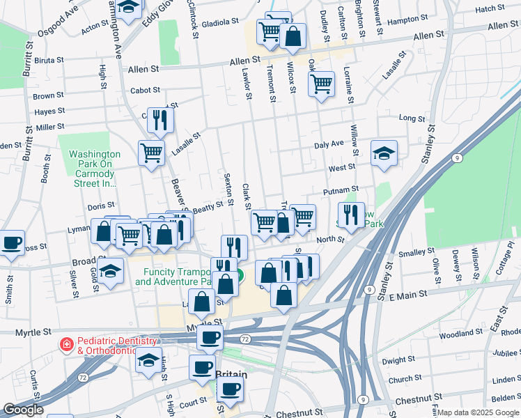 map of restaurants, bars, coffee shops, grocery stores, and more near 149 Clark Street in New Britain