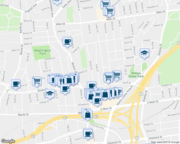 map of restaurants, bars, coffee shops, grocery stores, and more near 76 Sexton Street in New Britain