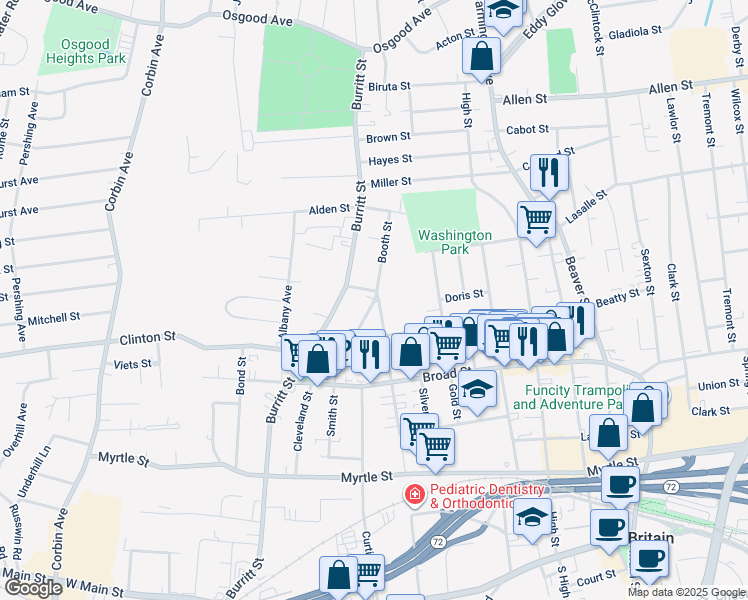map of restaurants, bars, coffee shops, grocery stores, and more near 421 Burritt Street in New Britain