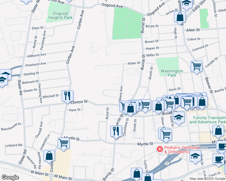 map of restaurants, bars, coffee shops, grocery stores, and more near 36 Marmon Street in New Britain
