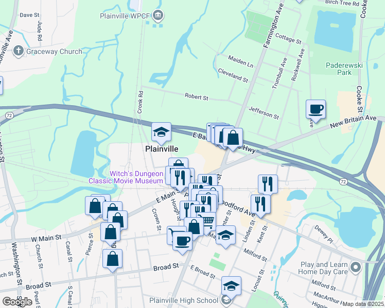 map of restaurants, bars, coffee shops, grocery stores, and more near Highway 72 in Plainville
