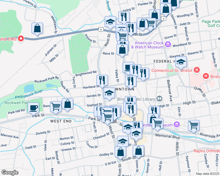 map of restaurants, bars, coffee shops, grocery stores, and more near 27 Center Street in Bristol