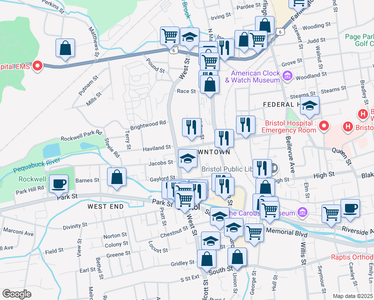 map of restaurants, bars, coffee shops, grocery stores, and more near 27 Center Street in Bristol