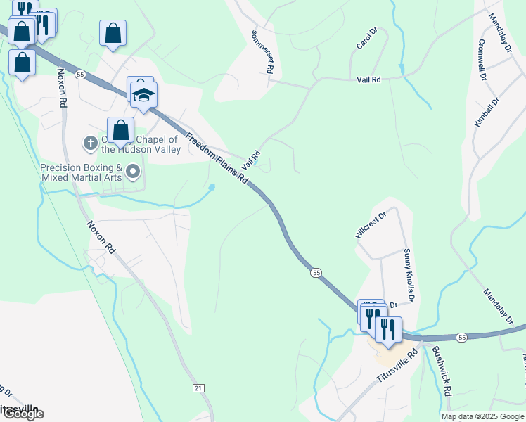map of restaurants, bars, coffee shops, grocery stores, and more near 572 Freedom Plains Road in Poughkeepsie