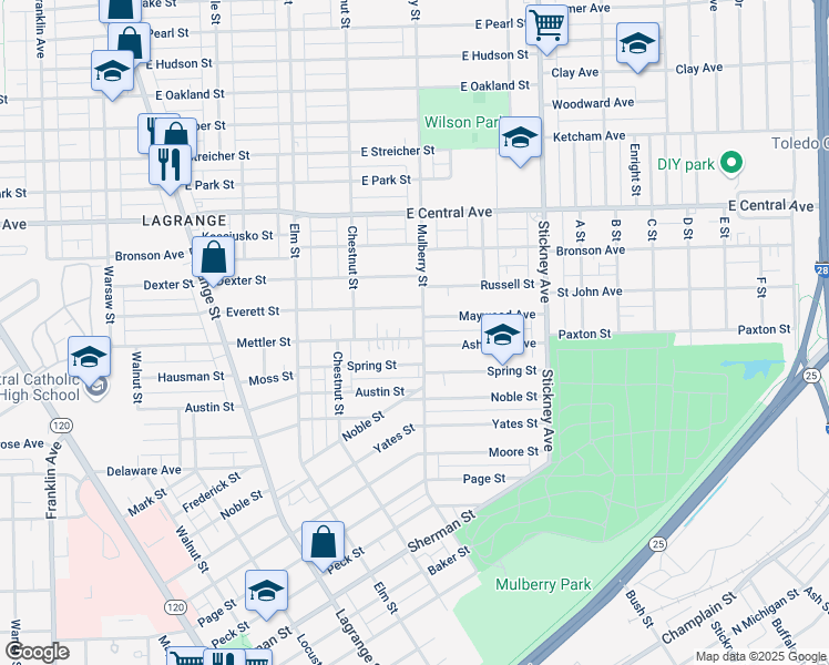 map of restaurants, bars, coffee shops, grocery stores, and more near 550 Everett Street in Toledo