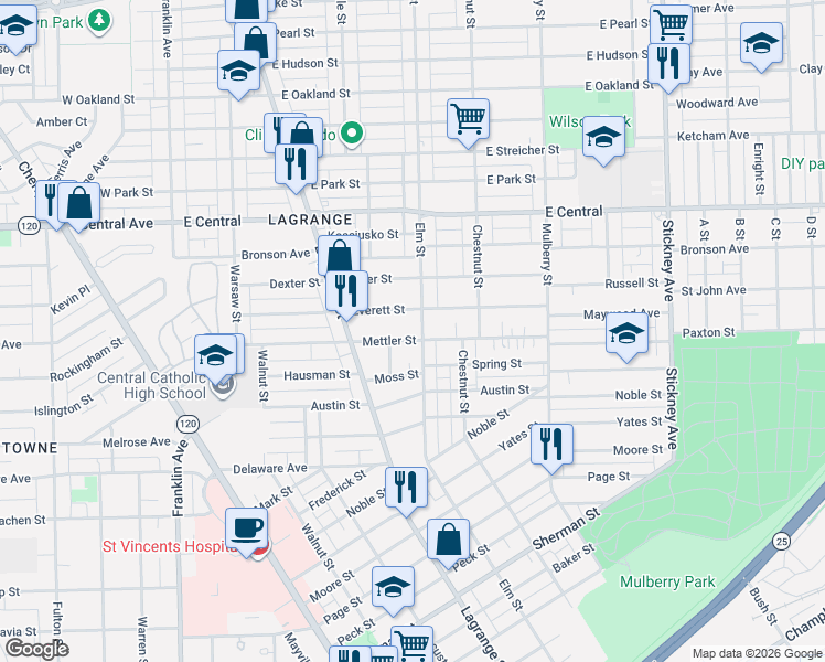 map of restaurants, bars, coffee shops, grocery stores, and more near 2831 Elm Street in Toledo