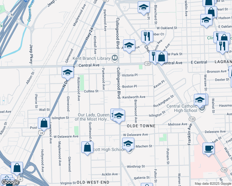 map of restaurants, bars, coffee shops, grocery stores, and more near 511 Nottingham Terrace in Toledo