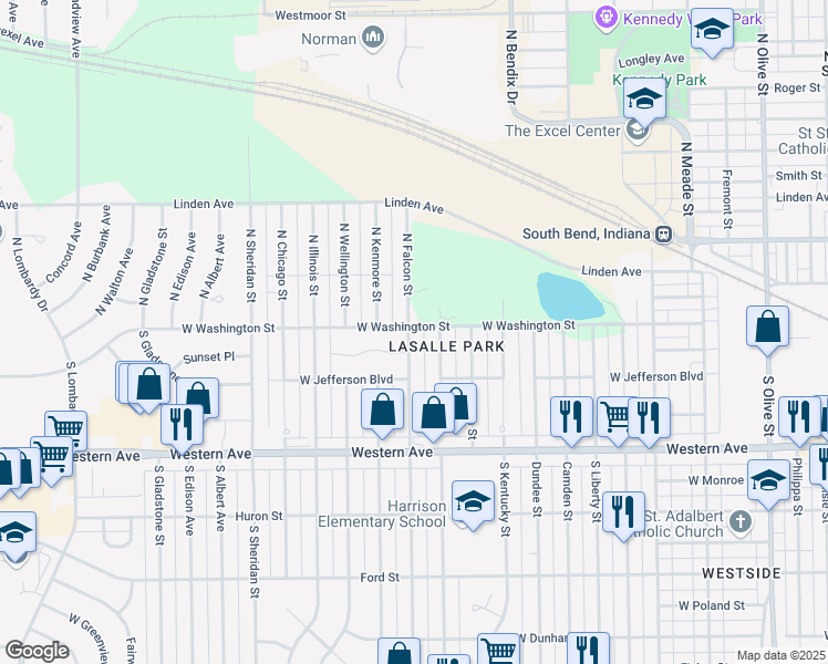 map of restaurants, bars, coffee shops, grocery stores, and more near 3419 West Washington Street in South Bend