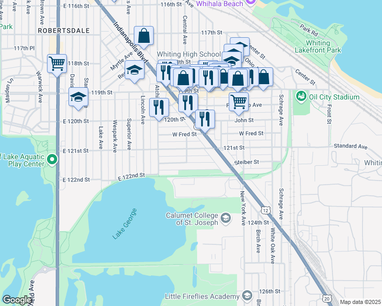 map of restaurants, bars, coffee shops, grocery stores, and more near 1249 121st Street in Whiting