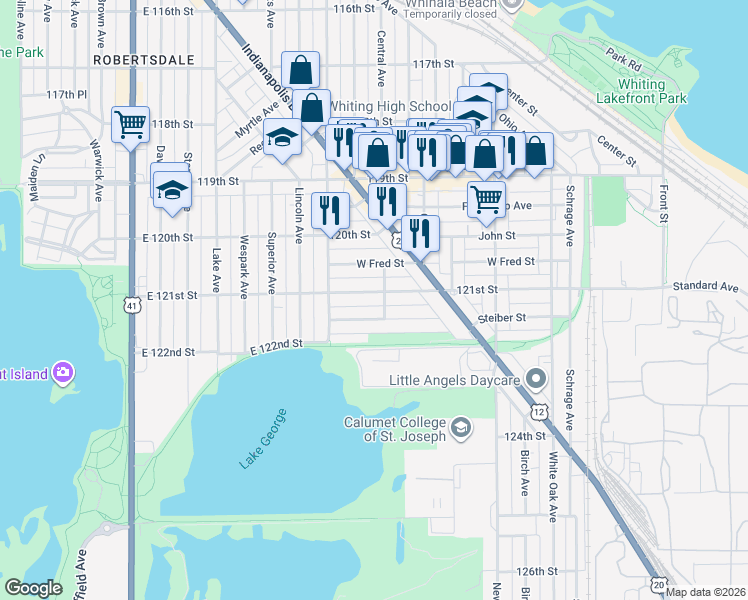 map of restaurants, bars, coffee shops, grocery stores, and more near 1249 121st Street in Whiting