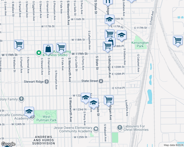 map of restaurants, bars, coffee shops, grocery stores, and more near 12000 South Lafayette Avenue in Chicago
