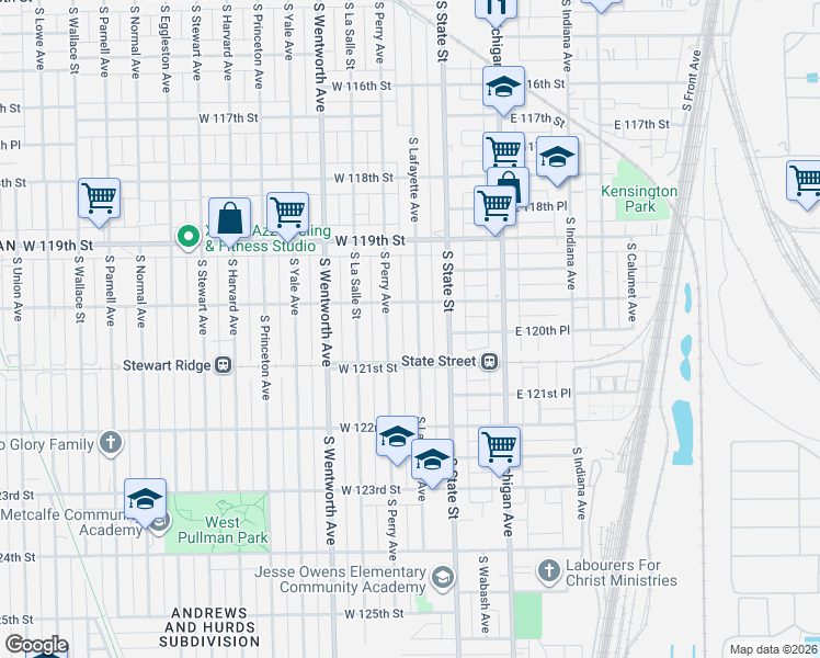 map of restaurants, bars, coffee shops, grocery stores, and more near 12000 South Lafayette Avenue in Chicago