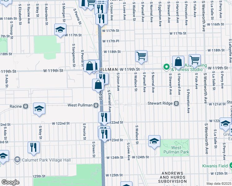 map of restaurants, bars, coffee shops, grocery stores, and more near 725 West 120th Street in Chicago