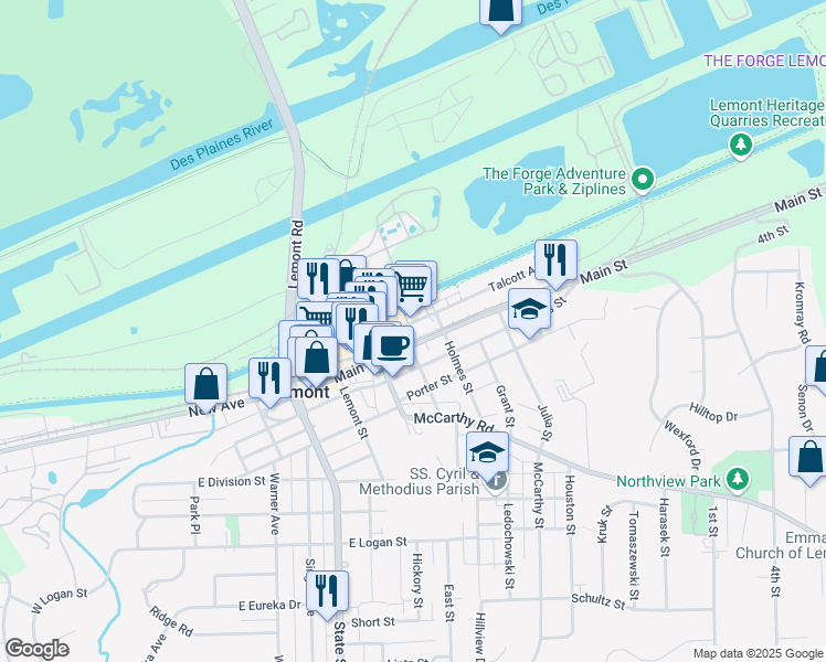 map of restaurants, bars, coffee shops, grocery stores, and more near 459 Talcott Avenue in Lemont