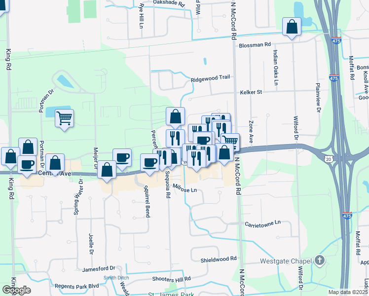 map of restaurants, bars, coffee shops, grocery stores, and more near 6800 Central Avenue in Toledo