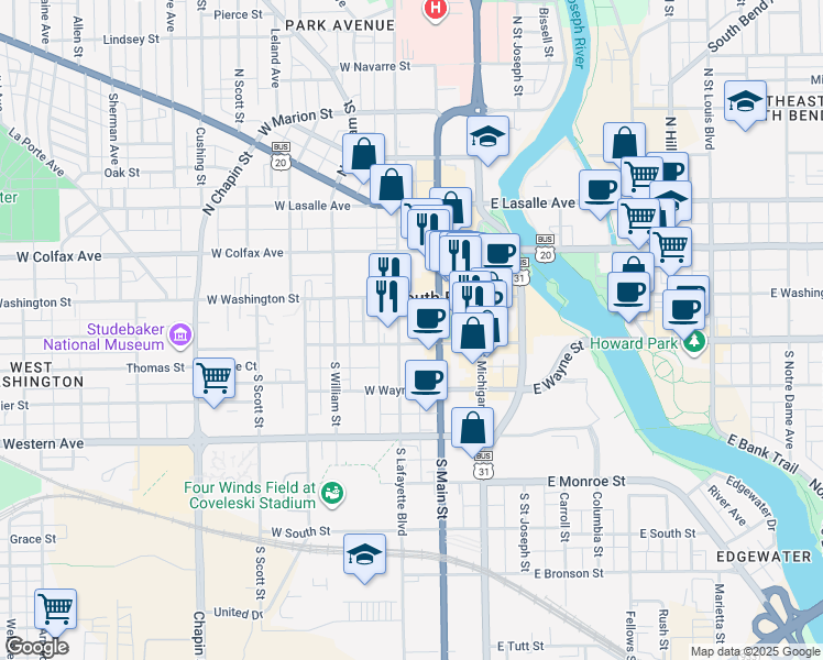 map of restaurants, bars, coffee shops, grocery stores, and more near 112 South Lafayette Boulevard in South Bend