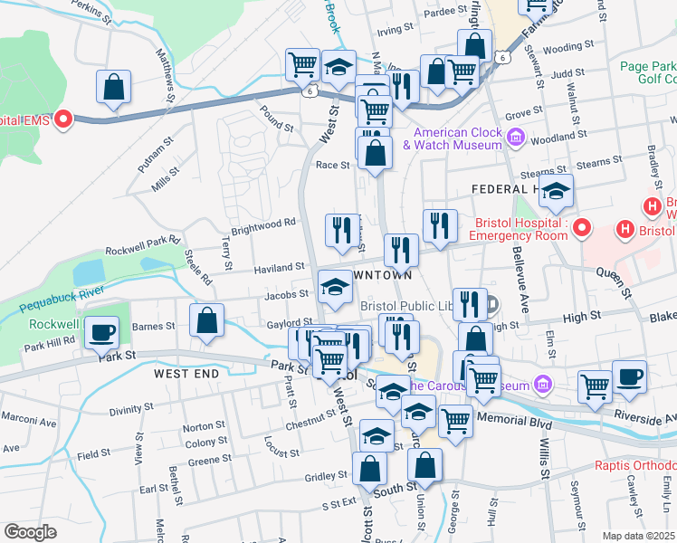 map of restaurants, bars, coffee shops, grocery stores, and more near 27 Center Street in Bristol