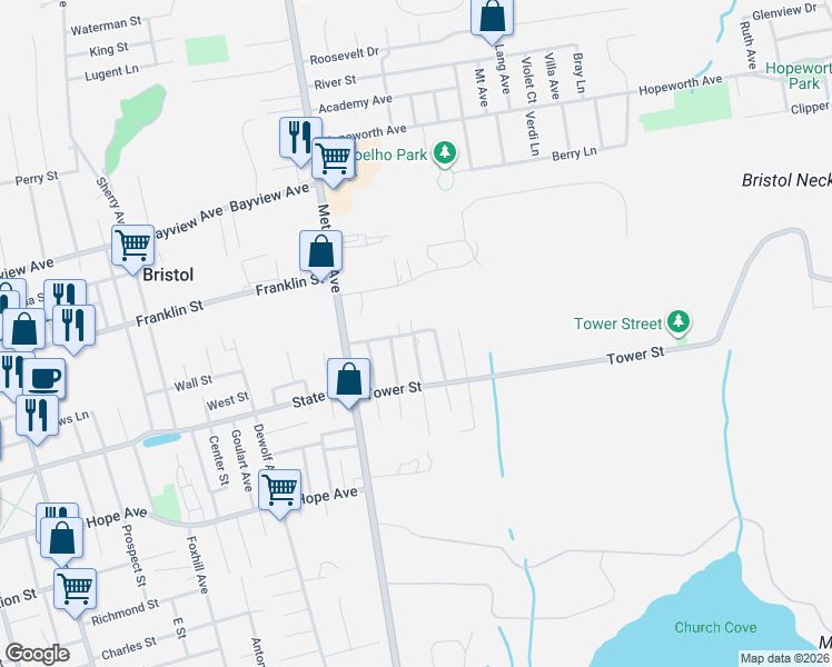 map of restaurants, bars, coffee shops, grocery stores, and more near 23 Massasoit Avenue in Bristol