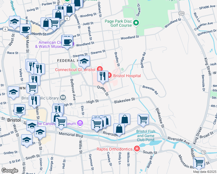 map of restaurants, bars, coffee shops, grocery stores, and more near 41 Brewster Road in Bristol