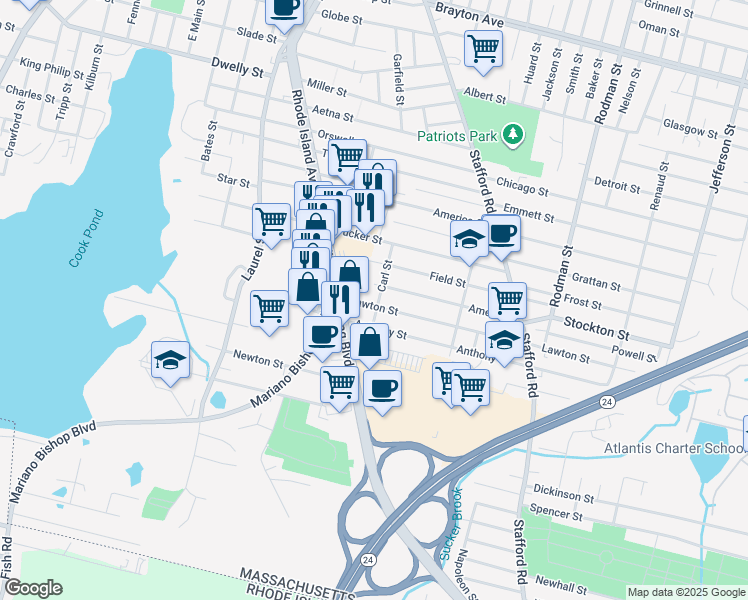 map of restaurants, bars, coffee shops, grocery stores, and more near 189 Carl Street in Fall River