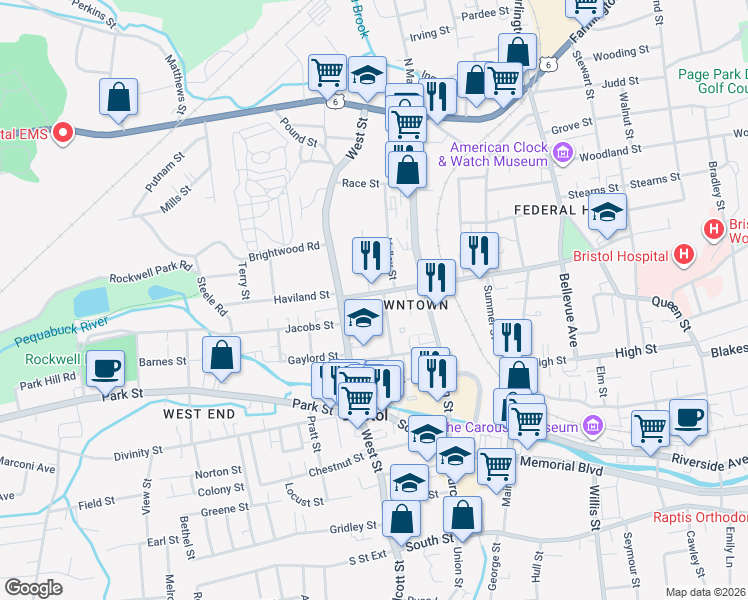 map of restaurants, bars, coffee shops, grocery stores, and more near 27 Center Street in Bristol