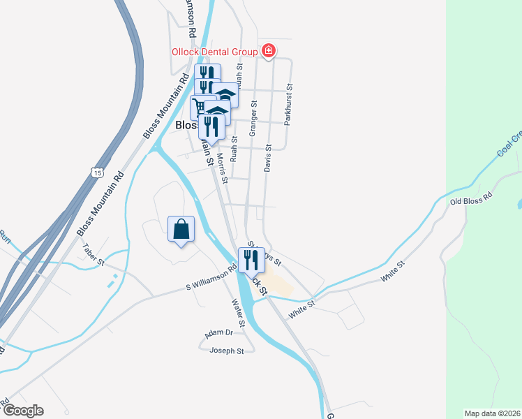map of restaurants, bars, coffee shops, grocery stores, and more near 132 Davis Street in Blossburg