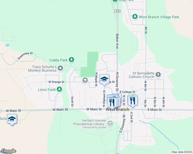 map of restaurants, bars, coffee shops, grocery stores, and more near 419 North Maple Street in West Branch
