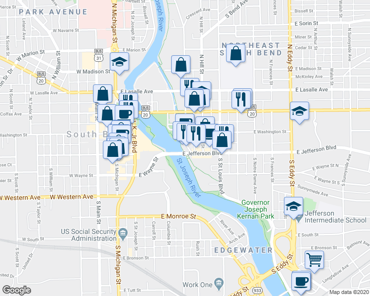 map of restaurants, bars, coffee shops, grocery stores, and more near 114 South Niles Avenue in South Bend