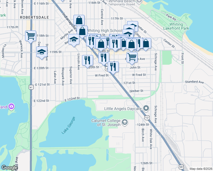 map of restaurants, bars, coffee shops, grocery stores, and more near 1327 121st Street in Whiting